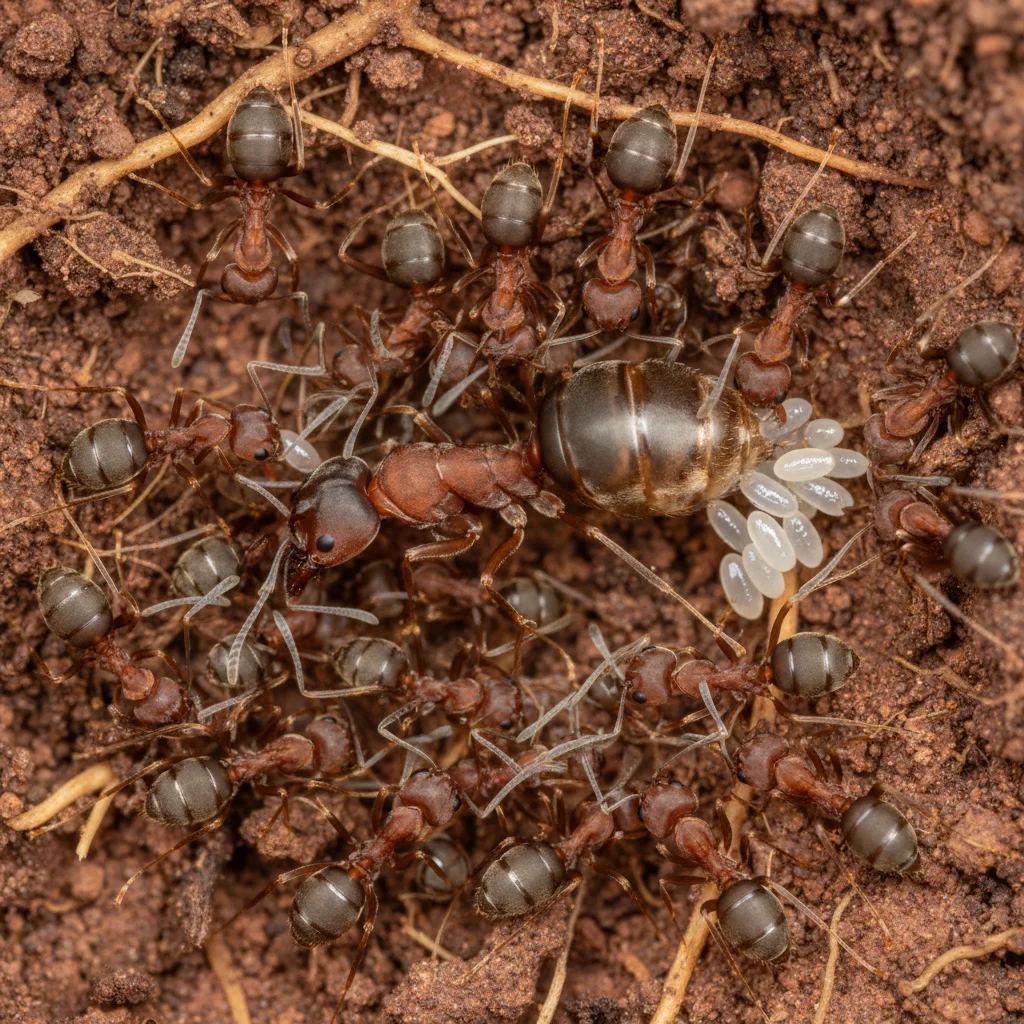 Argentine ant queen with workers and eggs in a colony.