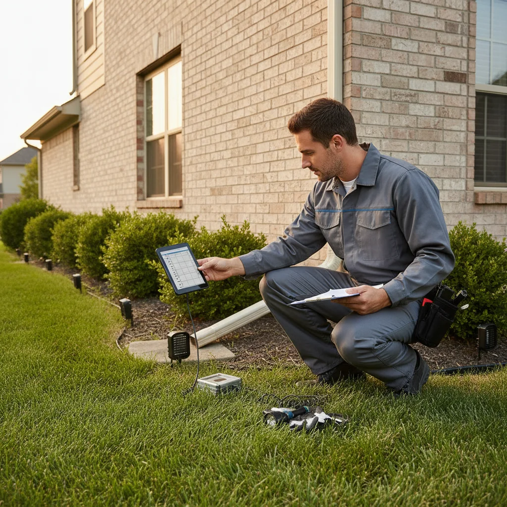 Technician inspecting house for pest monitoring.