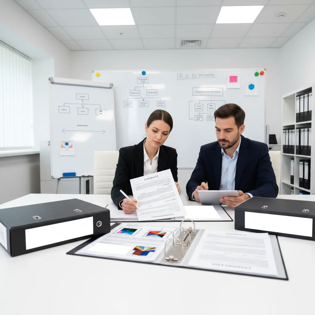 Property managers examining pest control contracts in an office.