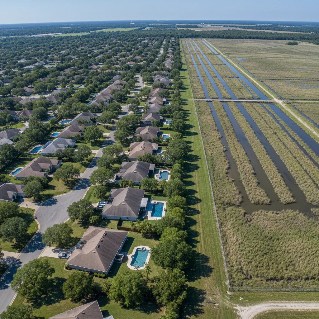 Suburban neighborhood and drainage areas showing rat habitat differences.