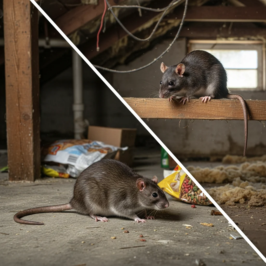 Norway rat on ground and Roof rat in attic, showing differences.