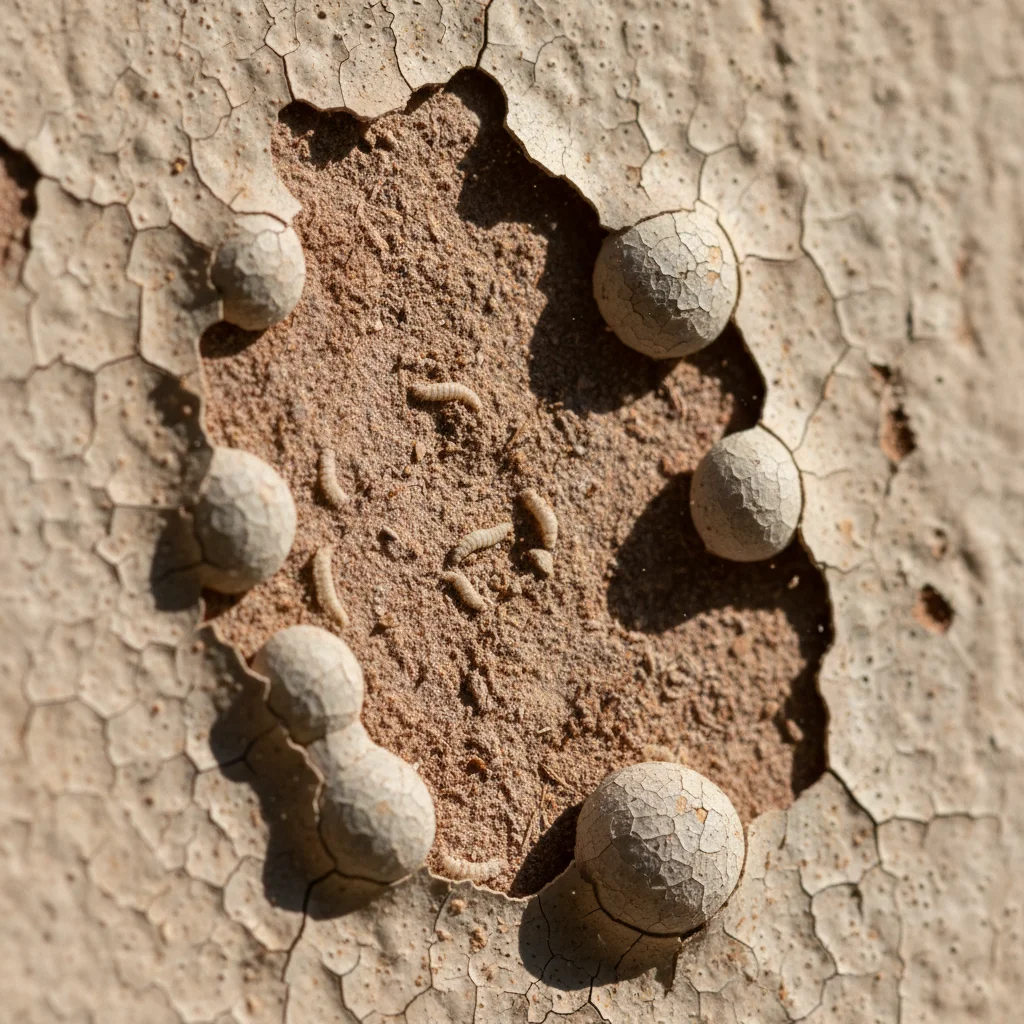 Close-up of bubbling paint indicating hidden termite damage.