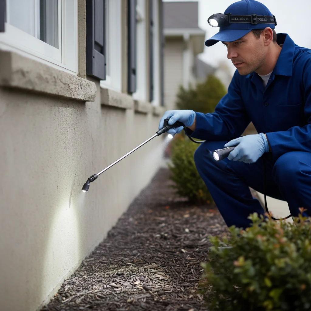 Exterminator applying barrier treatment around house foundation.