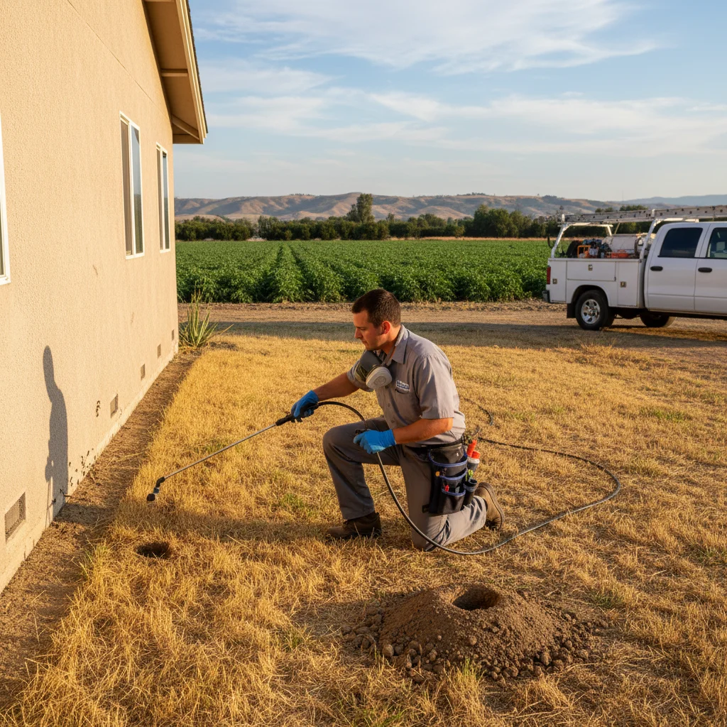 Technician treating pests in Tracy CA, with ants and gophers visible.
