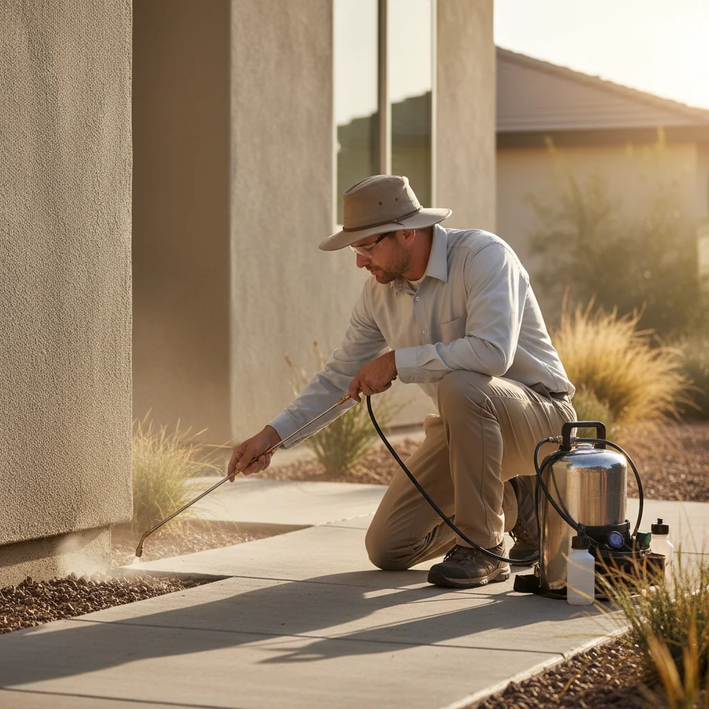 Pest control technician using spray around home exterior highlighting summer pest control tips Tracy CA.