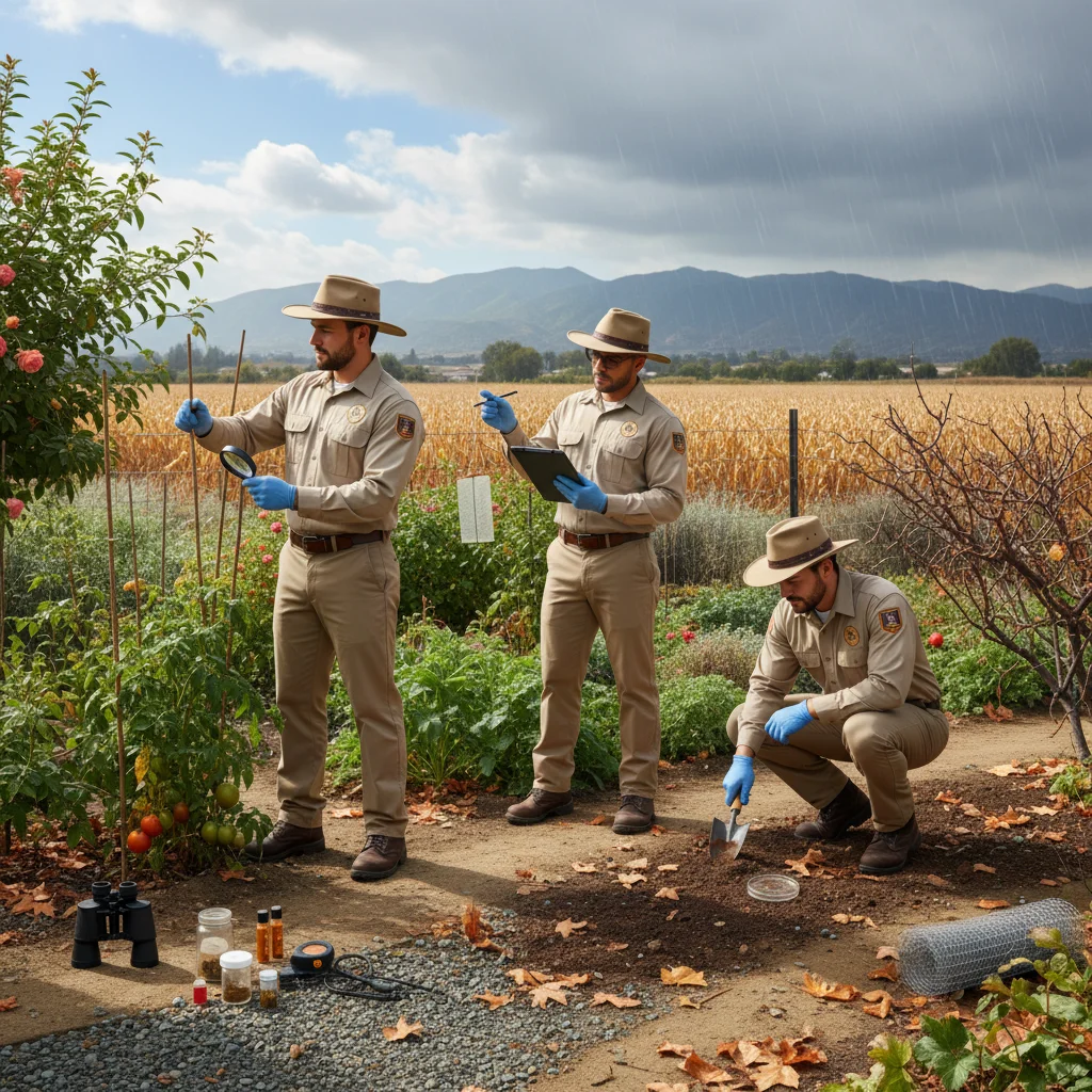 Pest management team inspecting a garden in Tracy, CA, with tools.