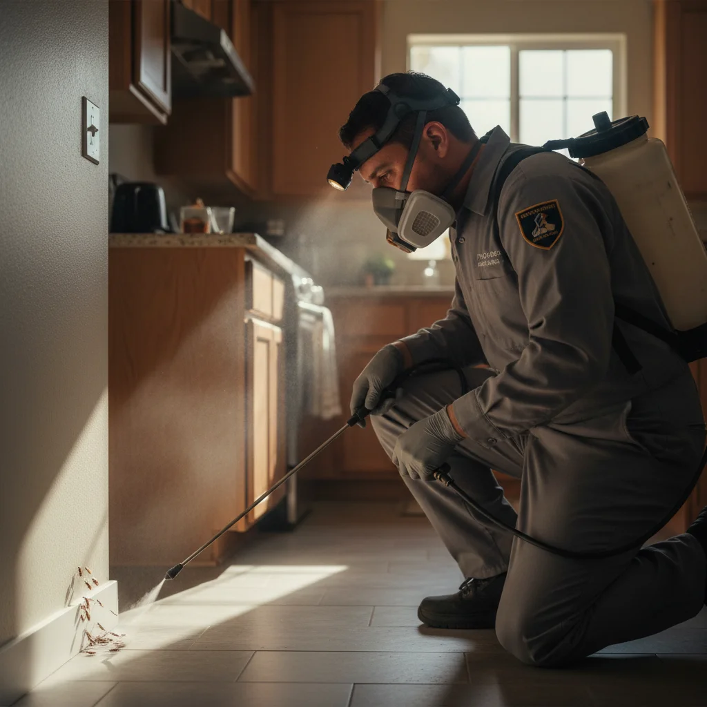 Exterminator applying pest treatment inside home with focus on insects.