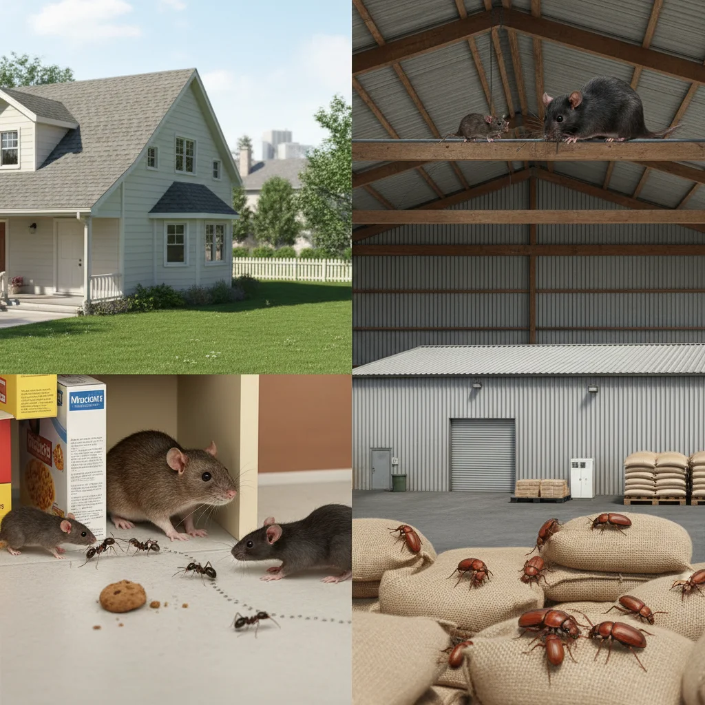 Home with ants and rats; warehouse with beetles and roof rats.