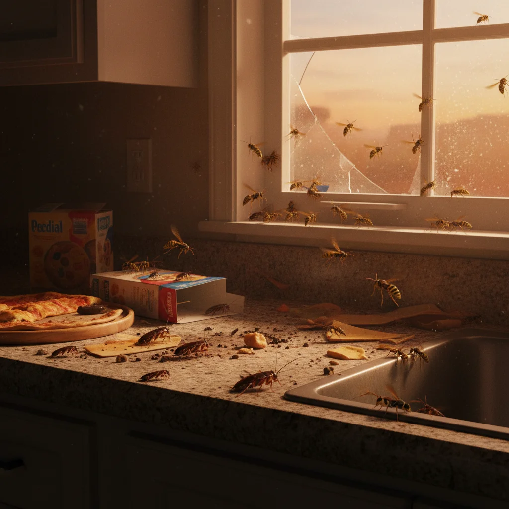 German cockroaches and wasps active in a kitchen.