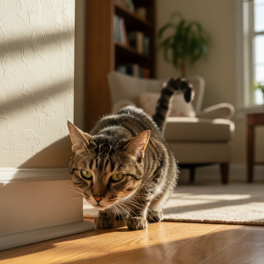 Cat sniffing a baseboard, detecting rodent pheromones.