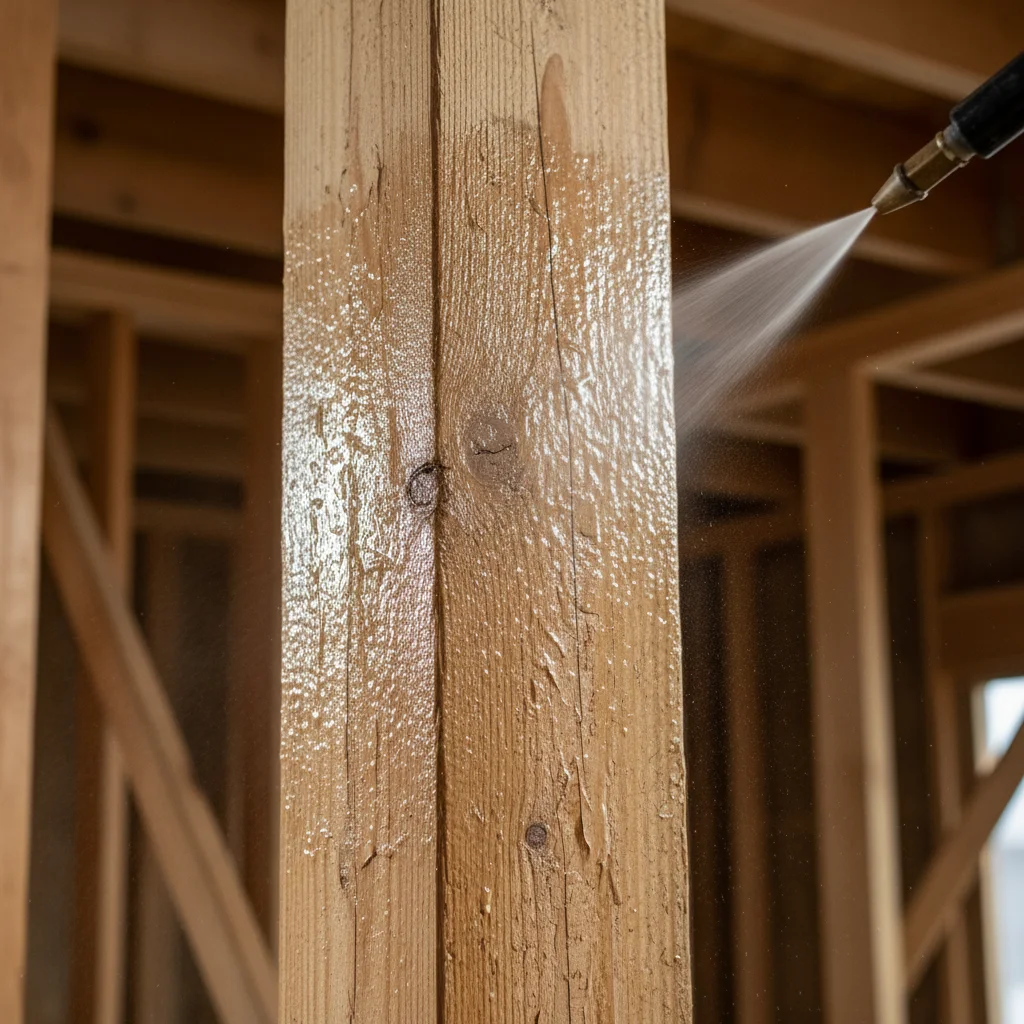 Applying borate treatment to lumber for termite prevention post-construction.