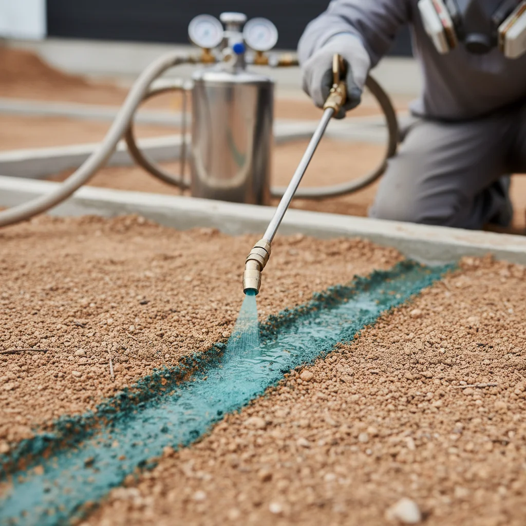Worker applying soil treatment for termite prevention before concrete pour highlighting termite prevention new construction California solutions.