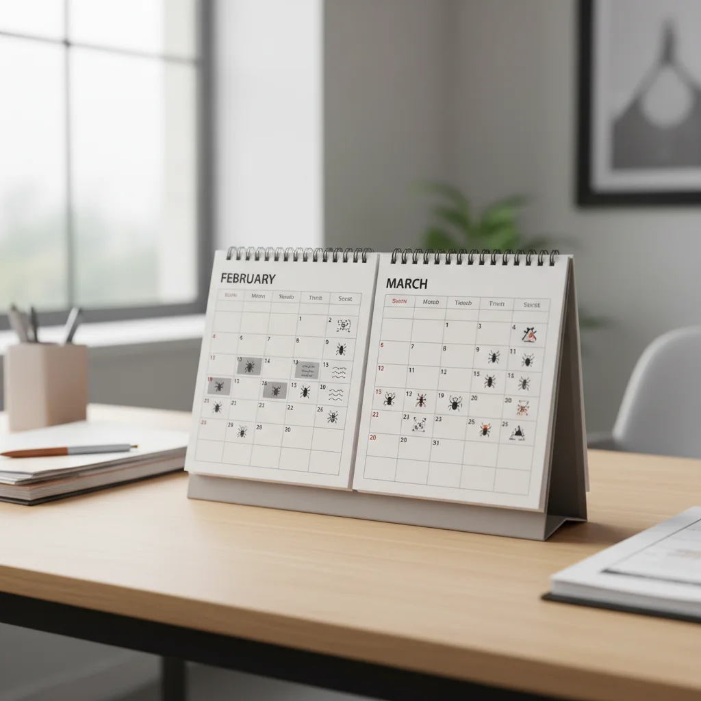 Desk calendar with notes on pest activities in February and March.