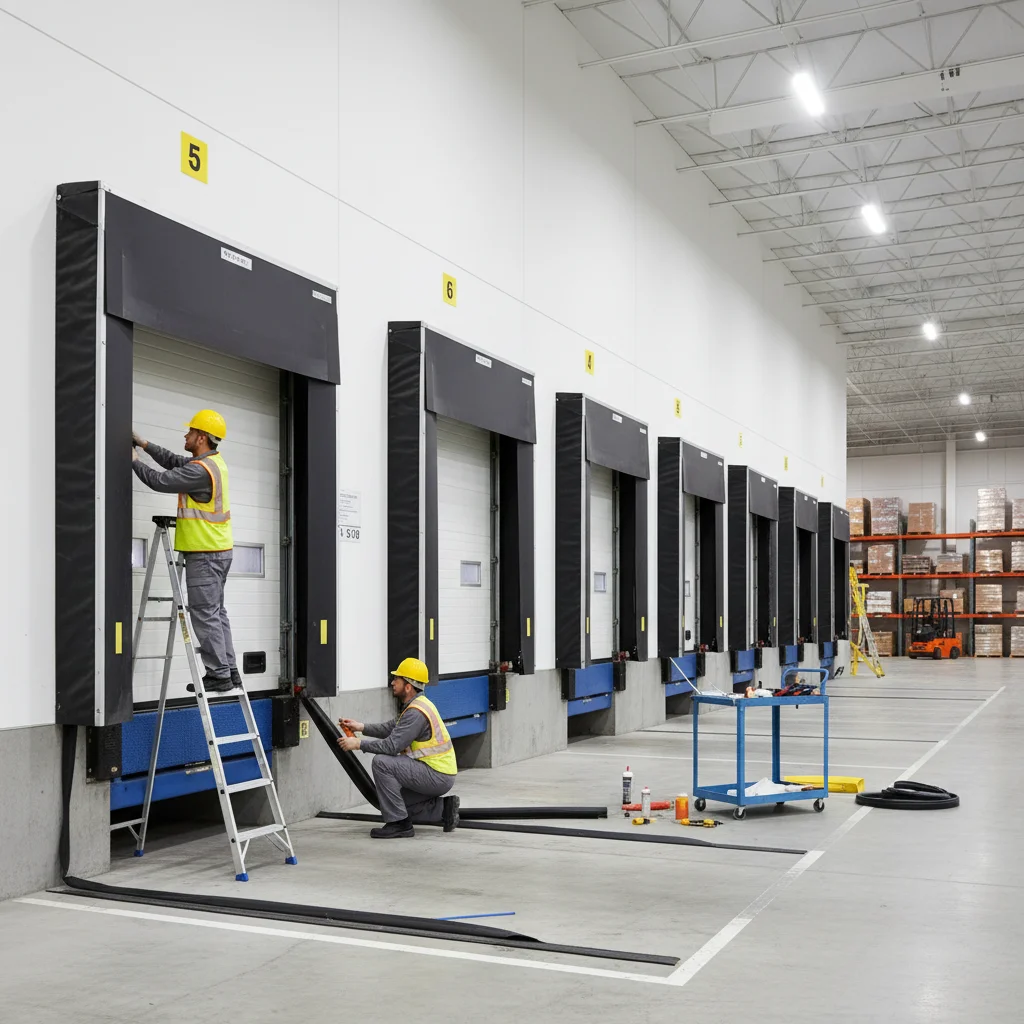 Workers inspecting warehouse loading docks for rodent prevention.