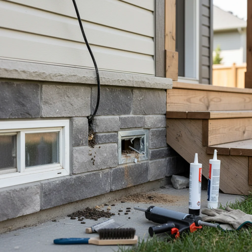 Home exterior showing potential rodent entry points with tools nearby.