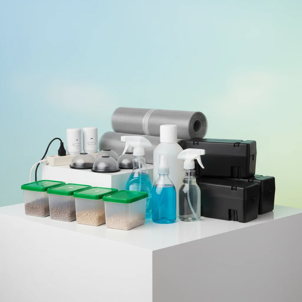 Pest prevention products arranged with labels showing their functions.