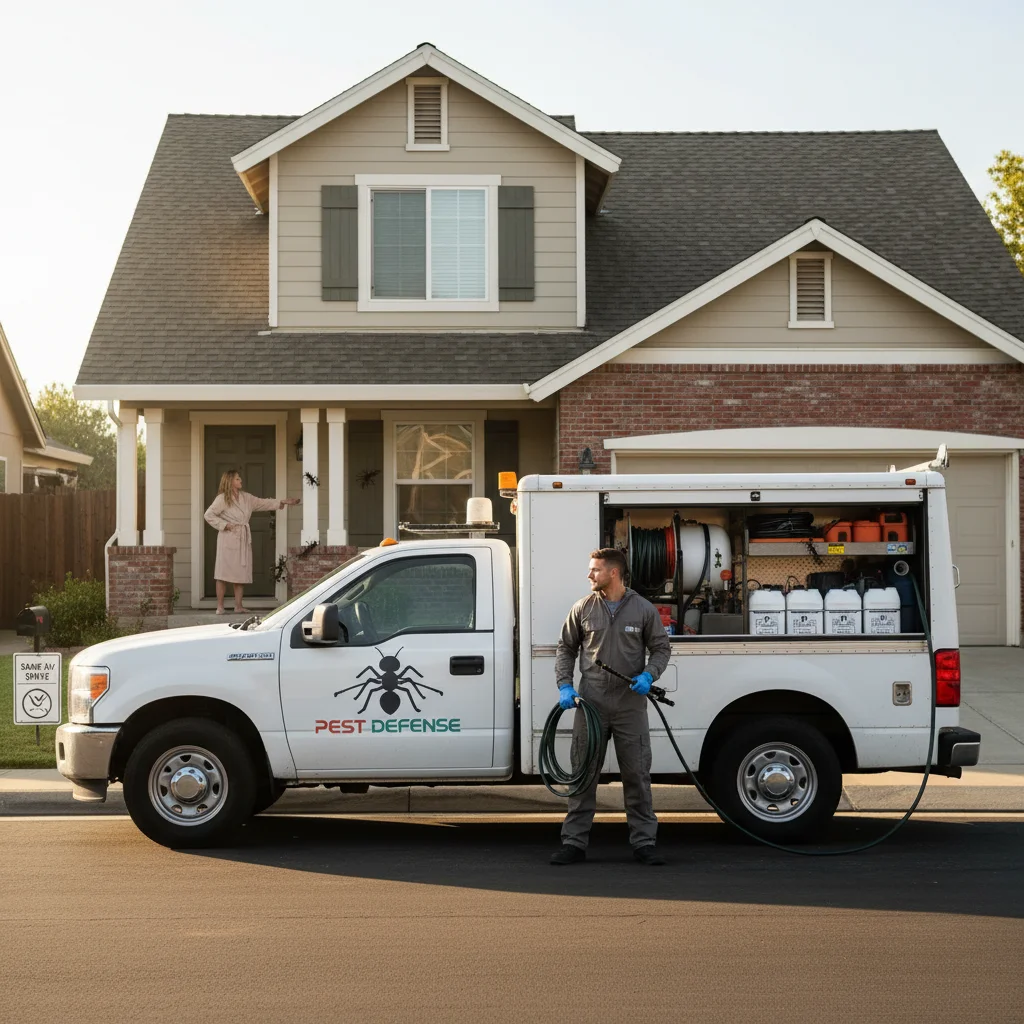Exterminator vehicle parked with tools for ant control in Tracy.