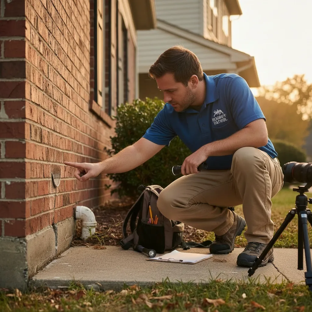Inspector checking house for rodent entry points.