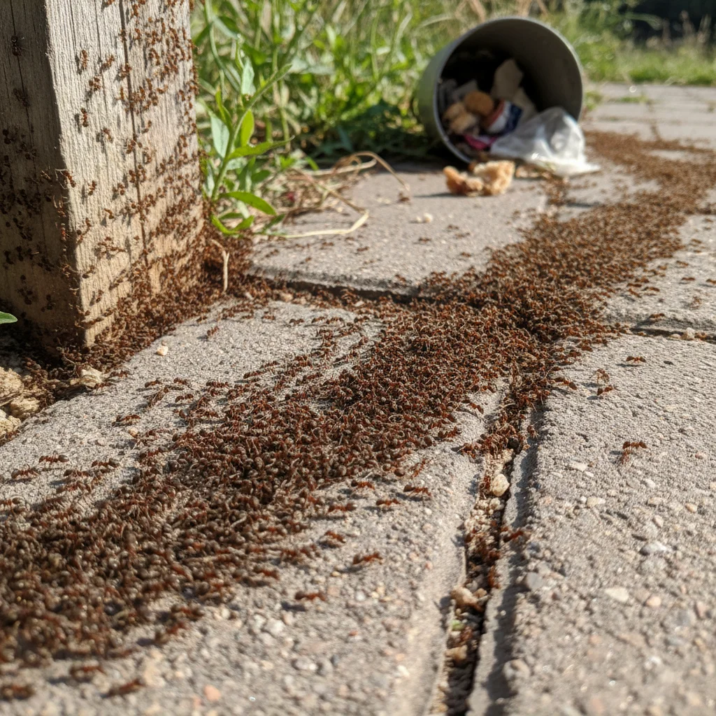 Argentine ants forming a dense trail in a backyard highlighting the difference between DIY vs professional pest control Tracy CA treatment effectiveness.