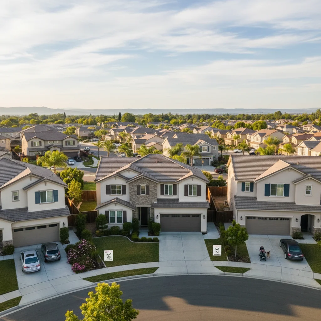 Tracy neighborhood with large homes showing pest control signs.