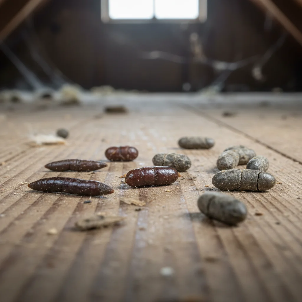Close-up of rat droppings with distinct shapes in an attic as clear signs of rats in walls and attic.