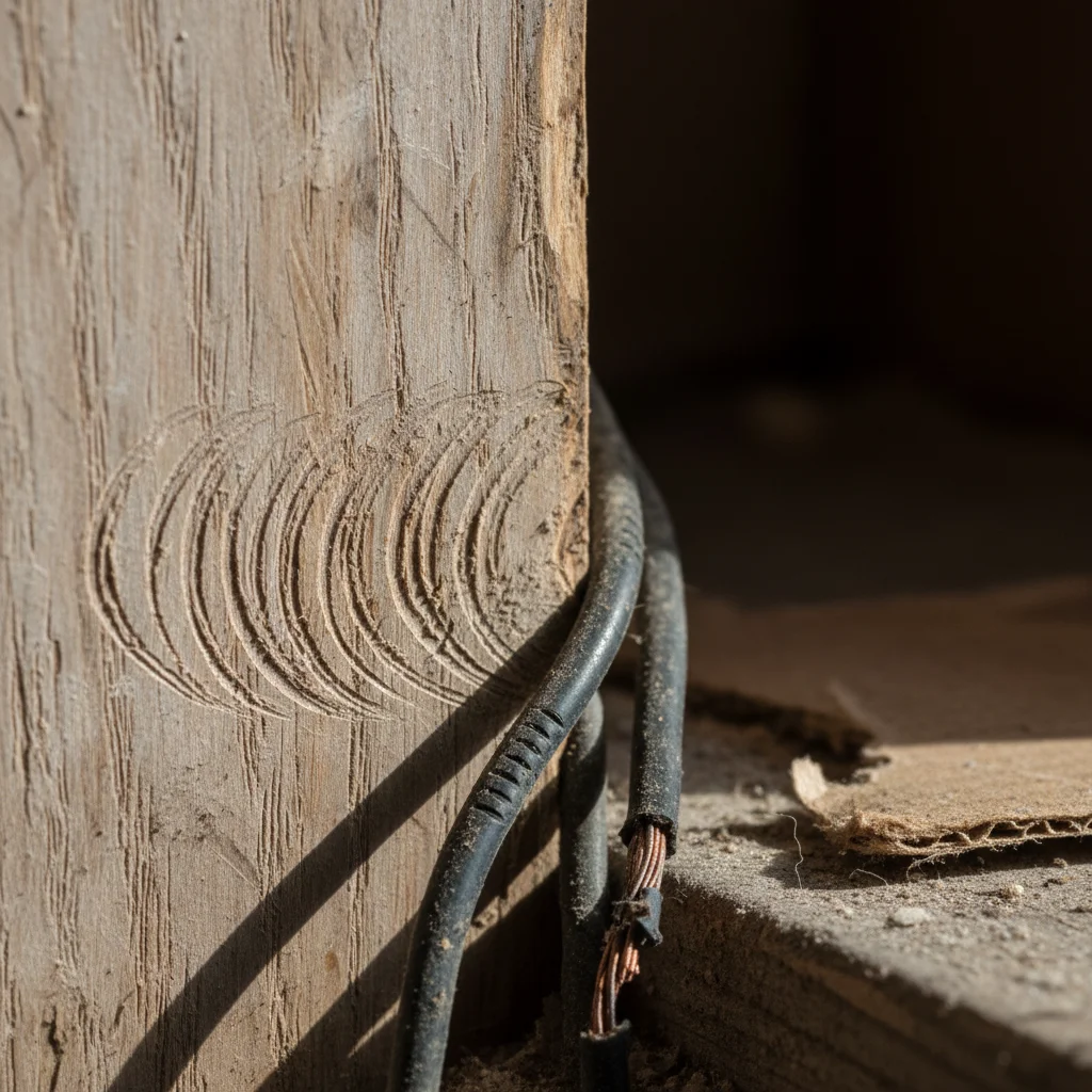 Close-up of rat gnaw marks on wire and wood surfaces.