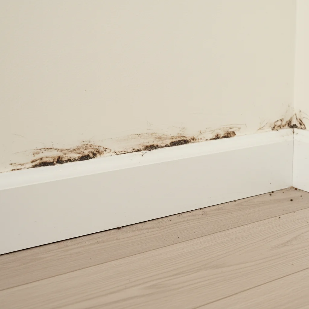 Oily rub marks on baseboard indicating rat travel routes.