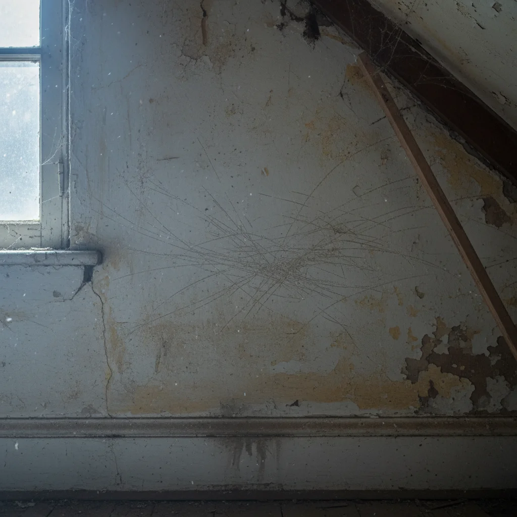 Wall with subtle scratching marks in a dim attic setting.