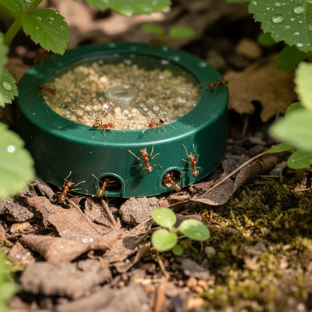 Ant bait station in garden with Argentine ants testing bait highlighting spring pest prevention Tracy CA checklist recommendation.