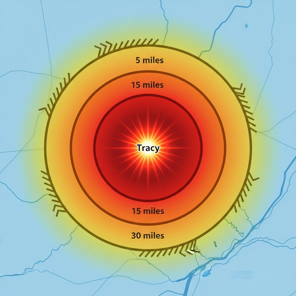 Map indicating tier-based response times around Tracy, CA highlighting pest control service area Tracy CA.