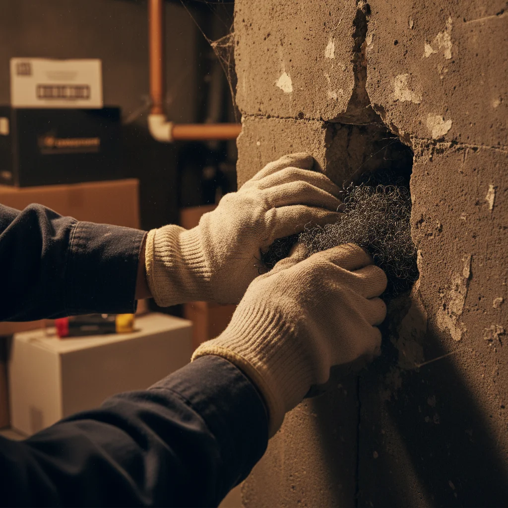 Hands sealing wall gap with steel wool to block rodents.