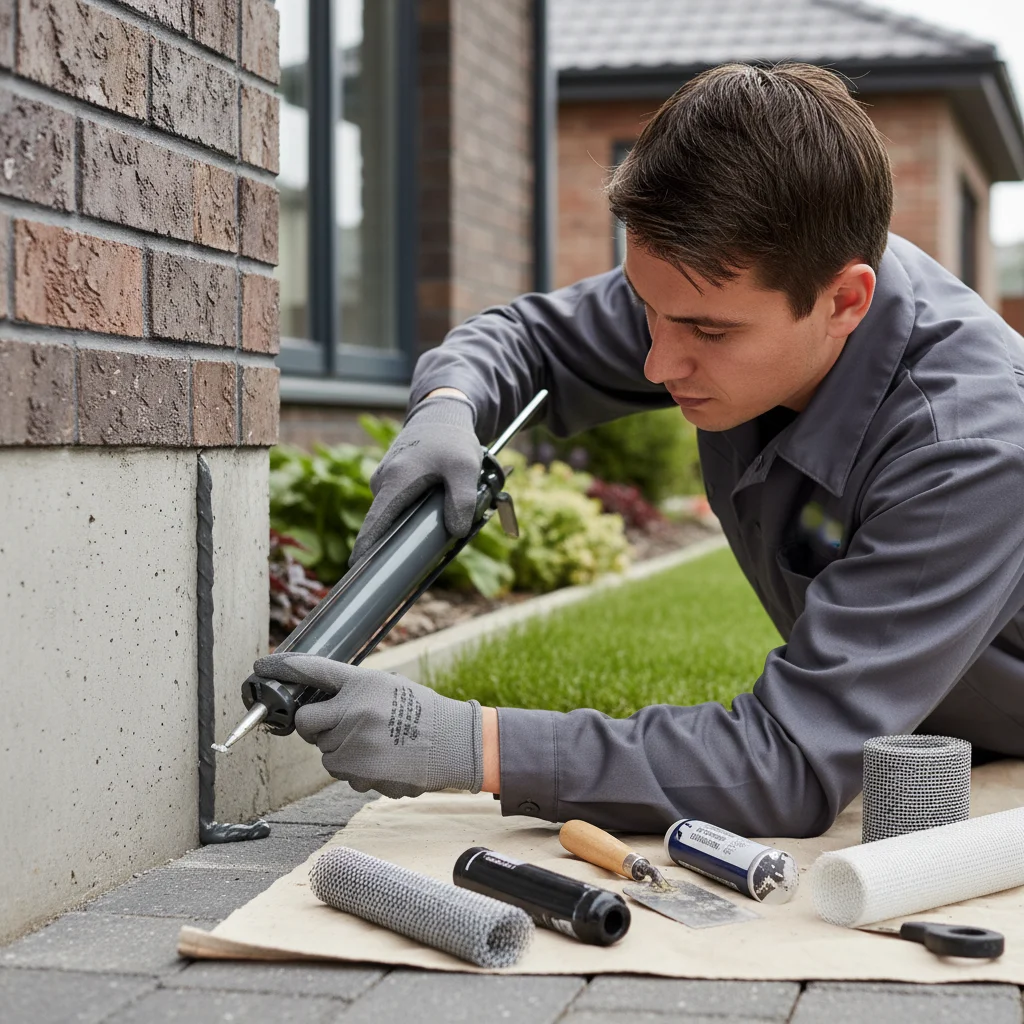 Technician sealing entry points at house foundation.