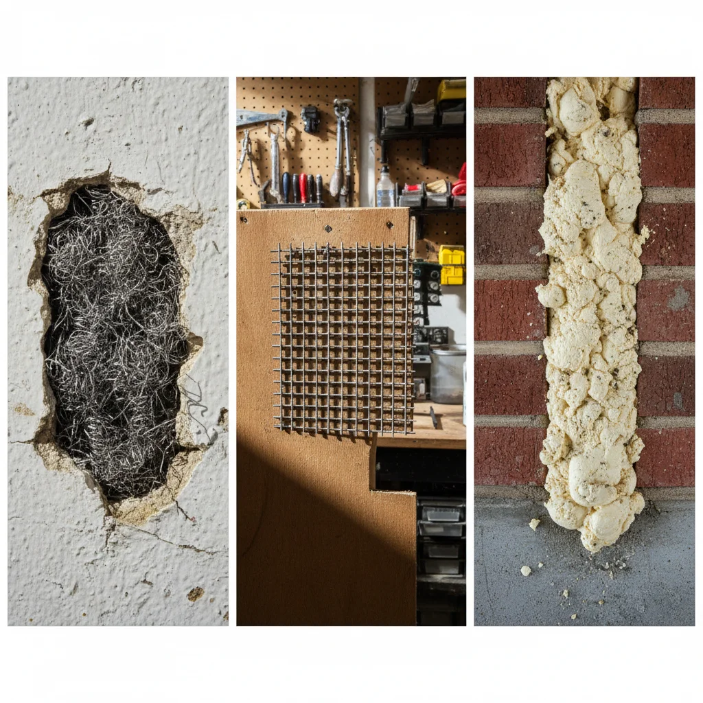 Sealing materials applied to wall gaps: steel wool, mesh, foam as examples of rodent exclusion Tracy CA service.