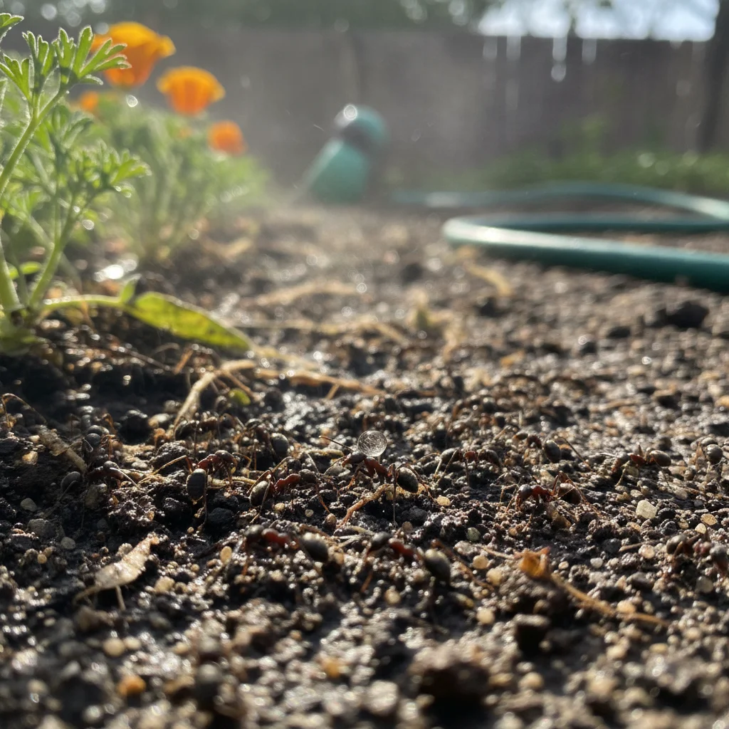 Ants foraging near a garden bed with moist soil and soft sunlight.