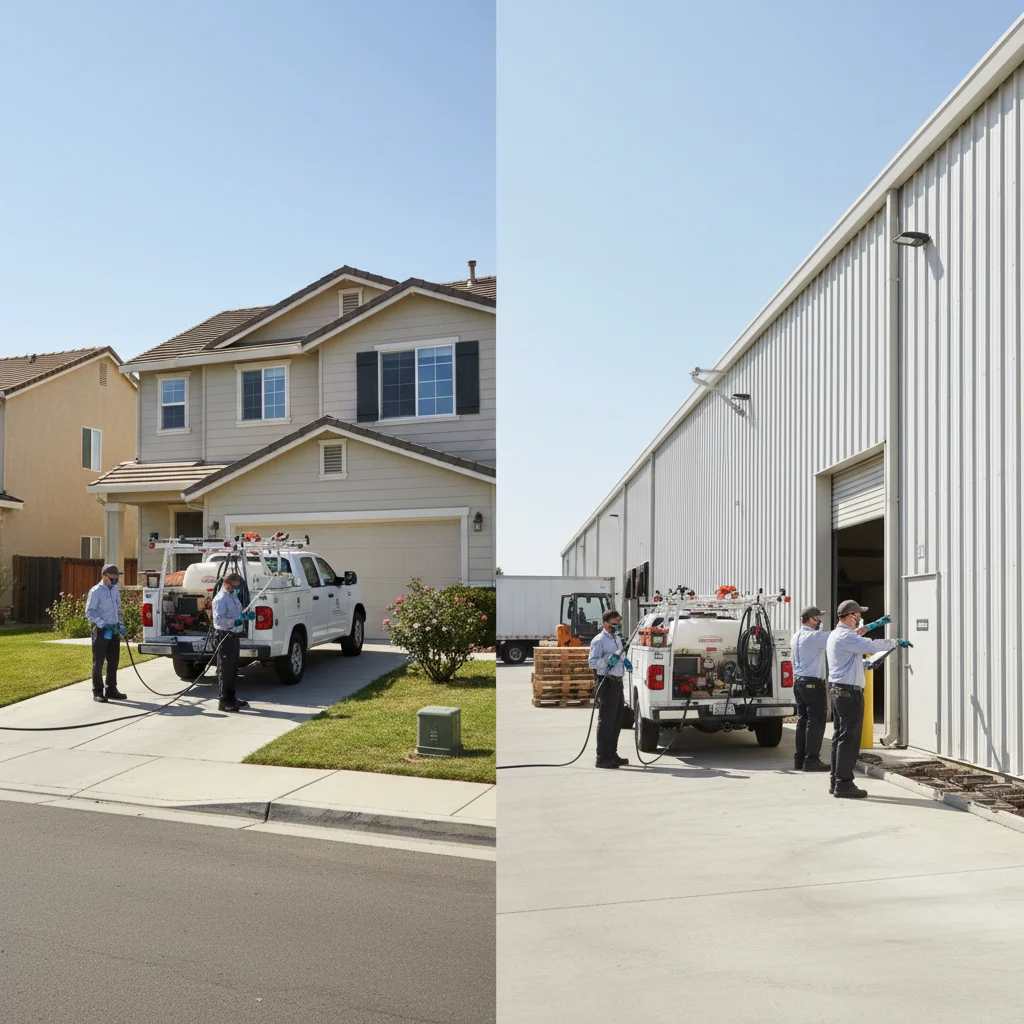 Exterminators at work in residential and commercial areas in Lathrop.