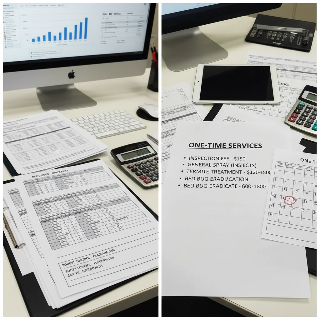 Pest control office with contract and one-time service fee documents highlighting pest control prices Tracy CA variances.