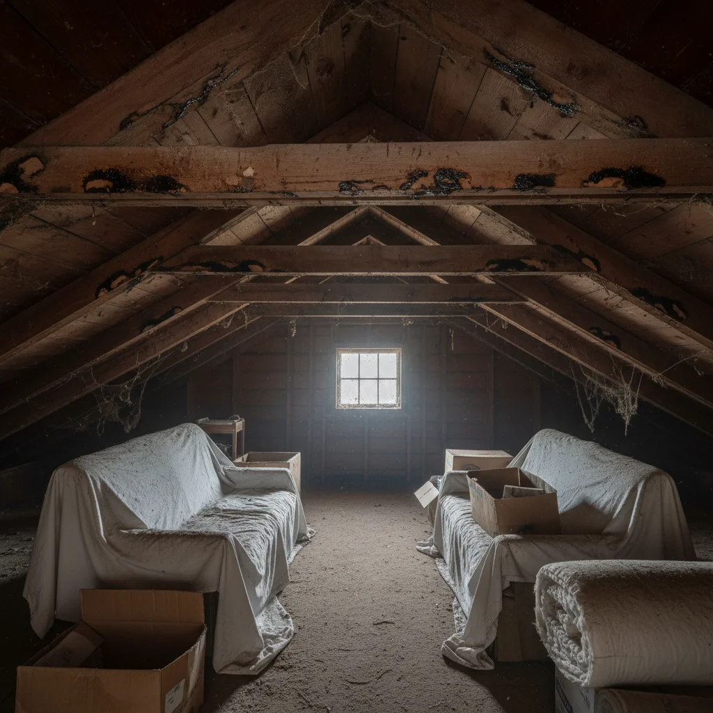 Attic with oily rub marks on beams, indicating Roof rat presence.