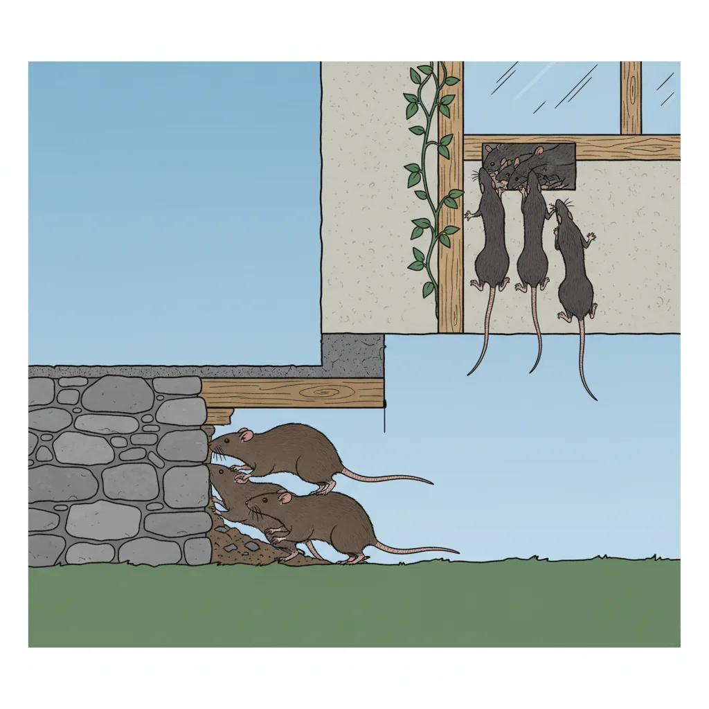 Different rodent entry points: ground gap and high wall void.