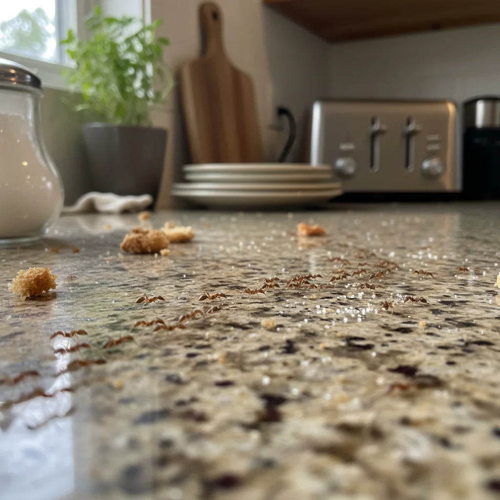 Argentine ants on a kitchen counter in sharp focus.