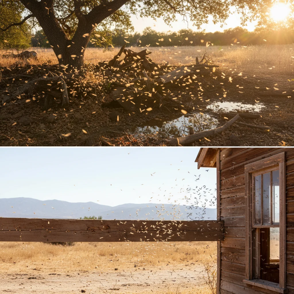 Termite swarm in California, highlighting seasonal differences.