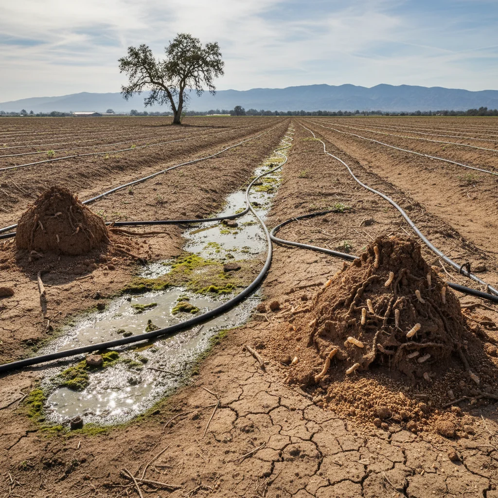 Tracy CA landscape with irrigation supporting termite habitat.