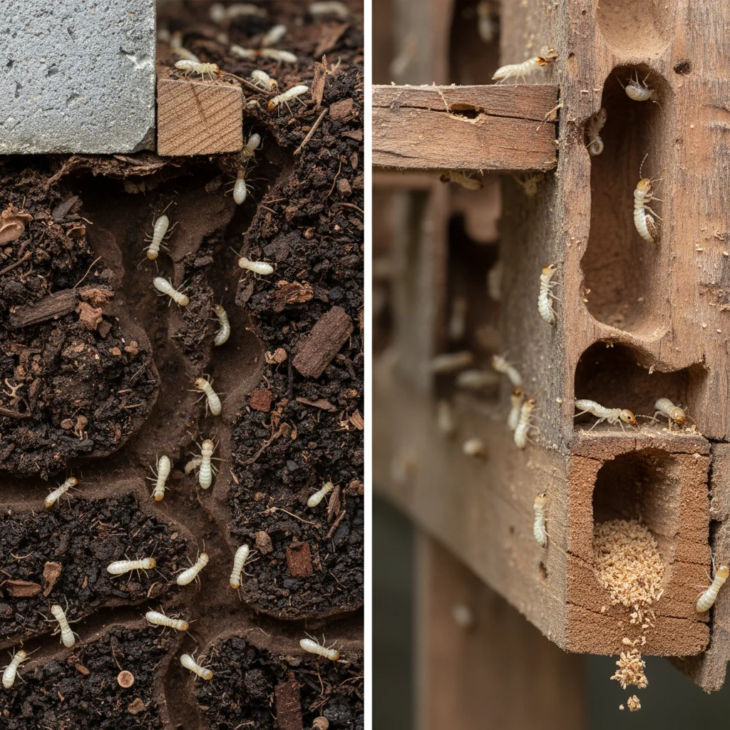Subterranean termites in soil versus drywood termites in wood beams highlighting the expertise of subterranean vs drywood termites California termite control.