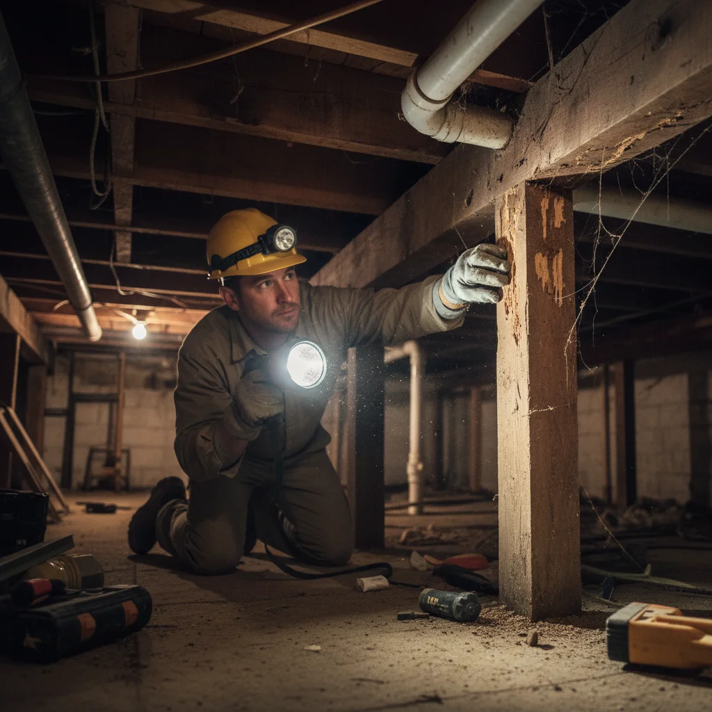 Contractor probing beams for termites in a dimly lit basement.