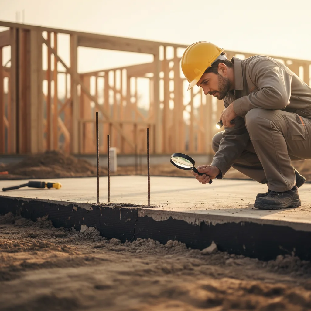 Inspector checks new home foundation for termite barrier gaps.