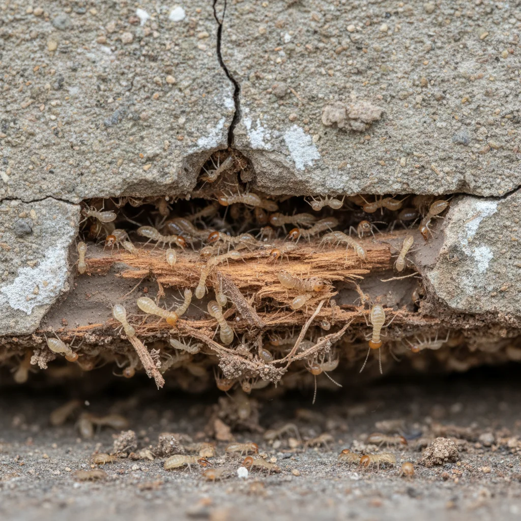Home foundation with hidden termite infestation depicted.