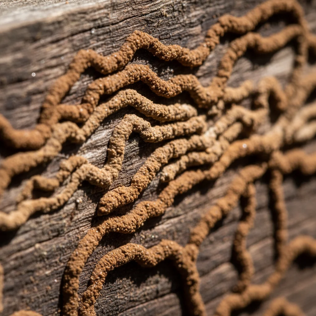 Close-up of termite mud tubes on wooden beam.