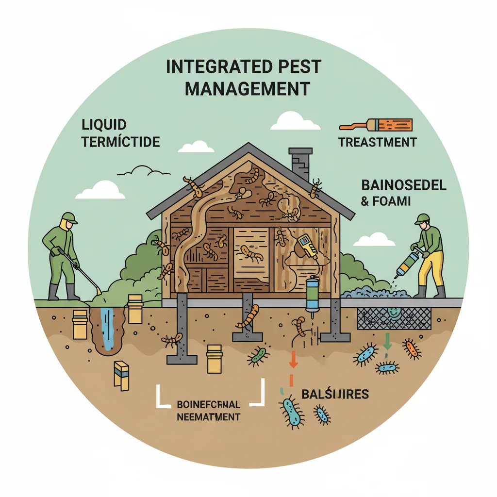 Termite treatment tools around house structure, illustrating methods.