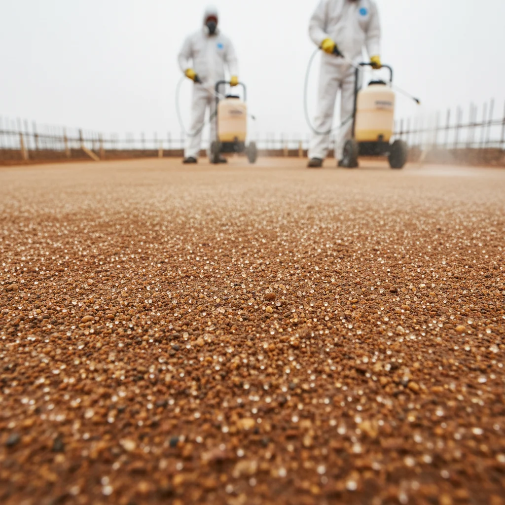 Workers treating soil to prevent termite colonies before foundation pour.