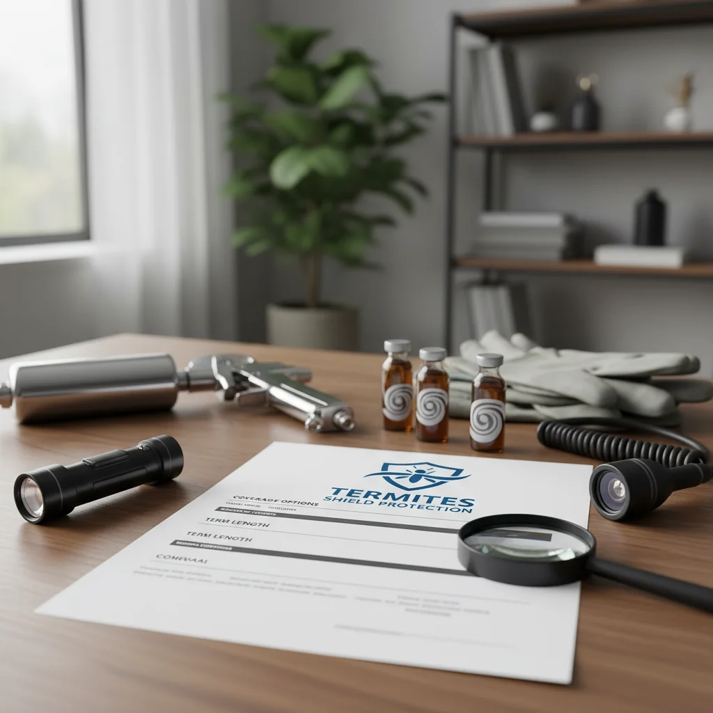 Warranty document with pest control tools on desk.