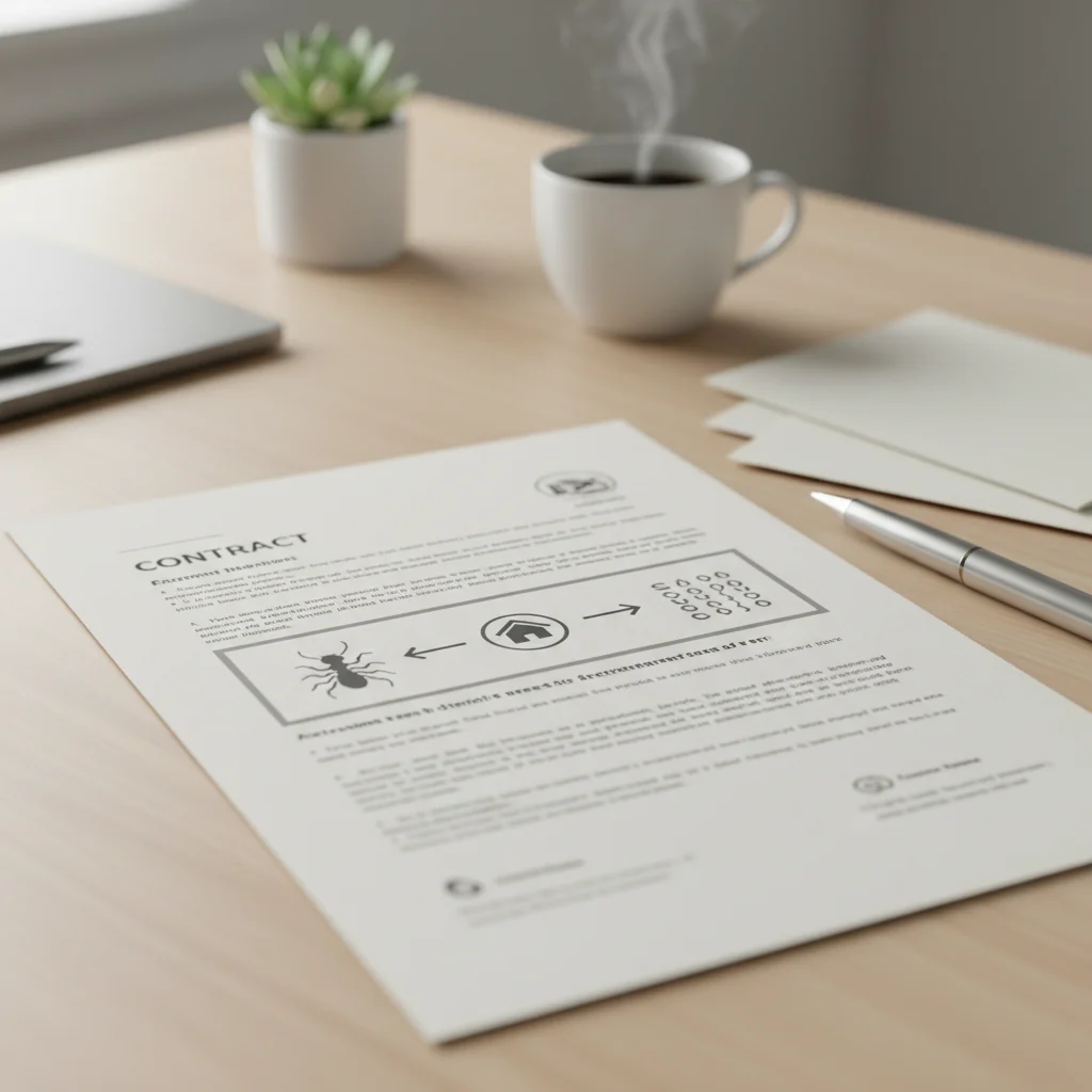 Termite service contract document on desk detailing termite warranty coverage California conditions.